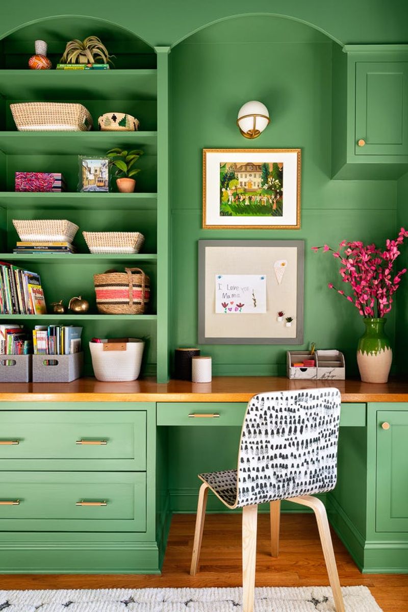 Built-in Desk with Colorful Storage Bins
