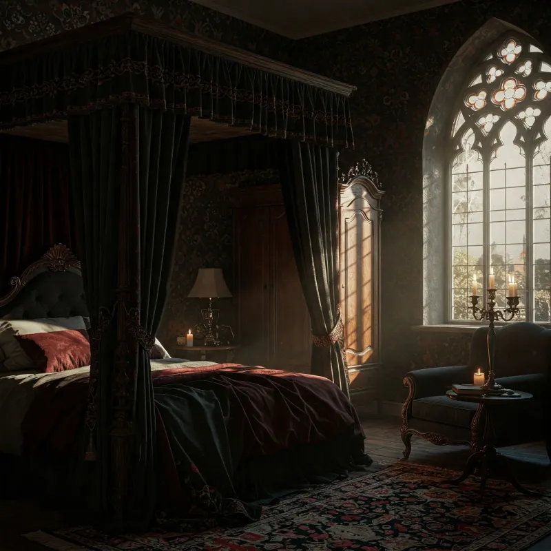 Gothic Arch Windows With Heavy Curtains